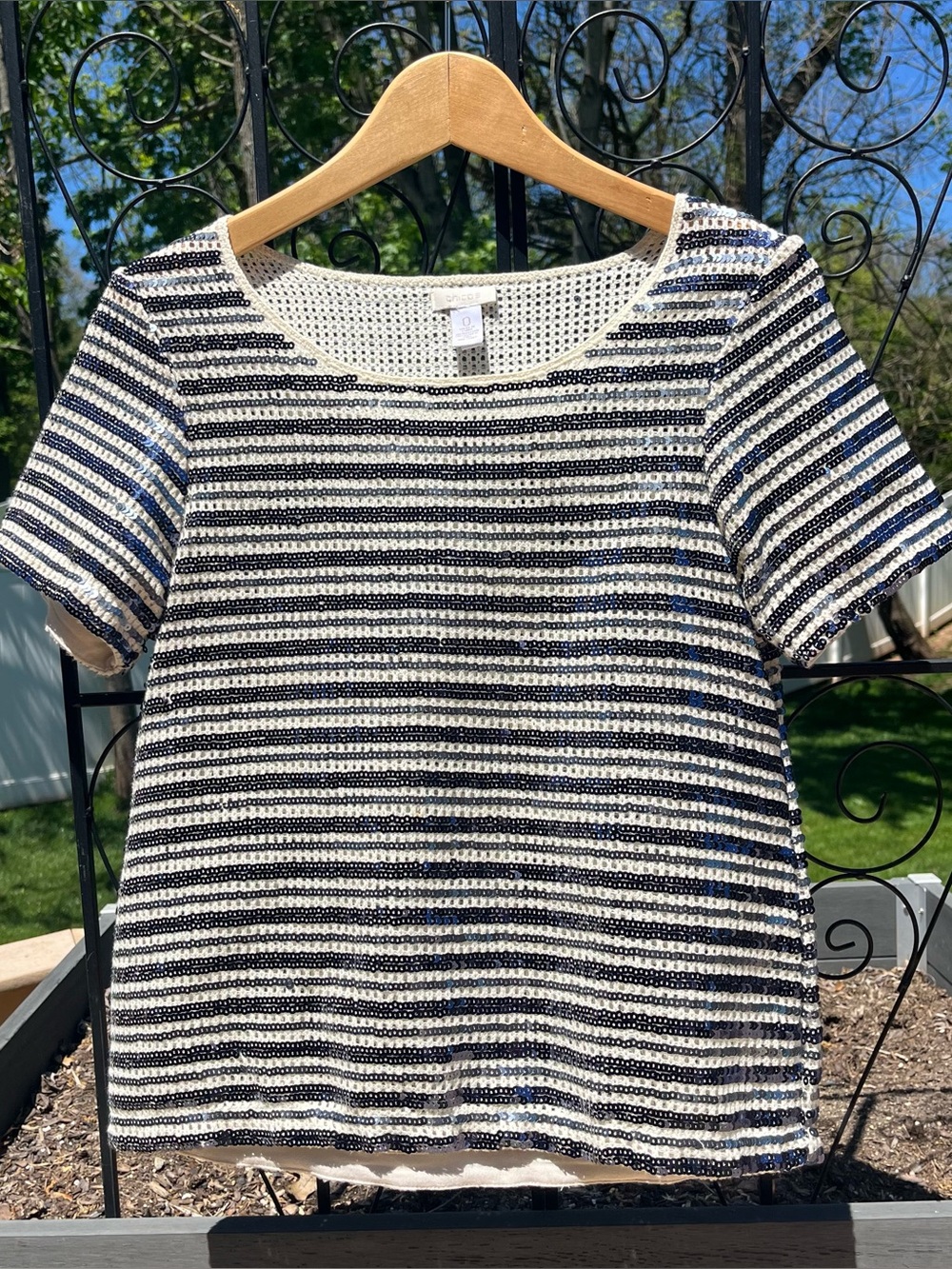 Chico’s Boxy Crocheted Blue Sequin Striped Short Sleeve Top Sz 0/Small Patriotic